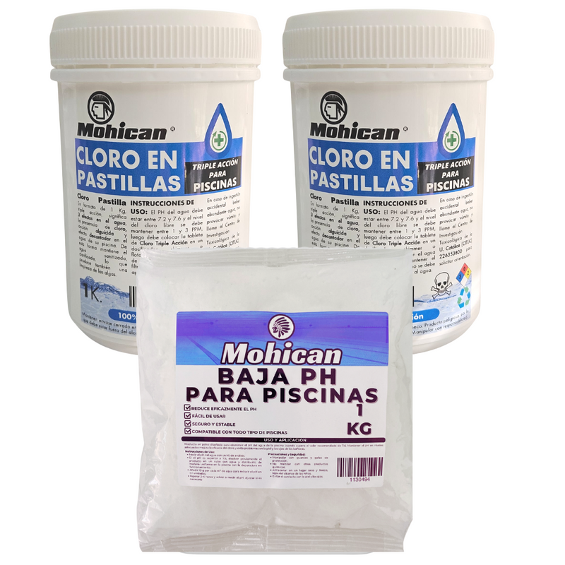 PROMO 1 BAJA PH PISCINAS 1KG + 2 CLORO TRIPLE ACCIÓN 1KG