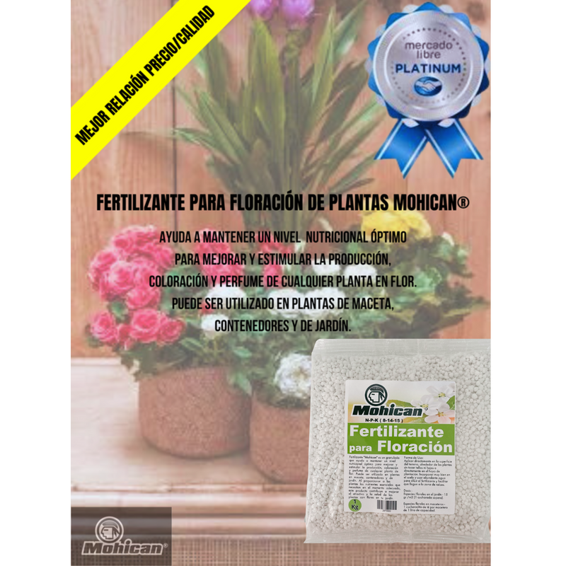 FERTILIZANTE PARA FLORACIÓN DE PLANTAS BOLSA 1 KG MOHICAN