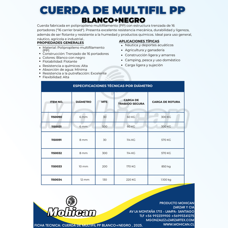 Cuerda De Multifil Blanco+negro 6 Mm X 500 M Zarzartex
